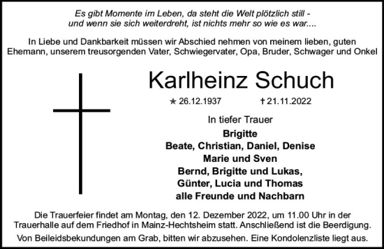 Traueranzeige von Karlheinz Schuch von vrm-trauer AZ Mainz