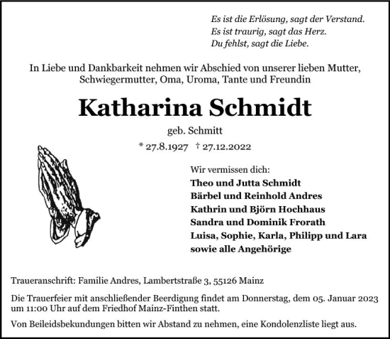 Traueranzeige von Katharina Schmidt von vrm-trauer AZ Mainz