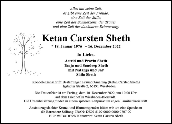 Traueranzeige von Ketan Carsten Sheth von vrm-trauer Wiesbadener Kurier