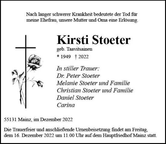 Traueranzeige von Kirsti Stoeter von vrm-trauer AZ Mainz