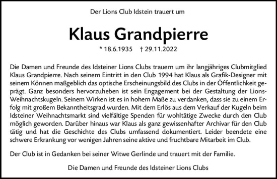 Traueranzeige von Klaus Grandpierre von vrm-trauer Idsteiner Zeitung