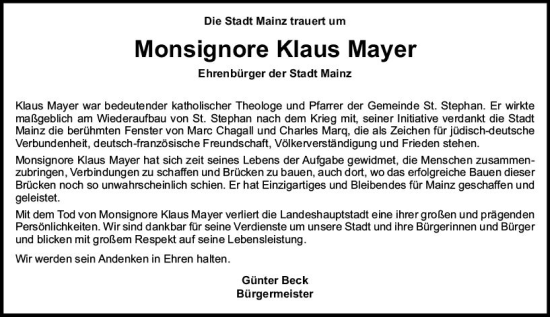 Traueranzeige von Klaus Mayer von vrm-trauer AZ Mainz