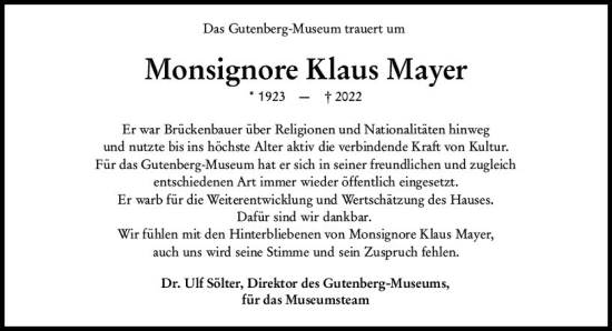 Traueranzeige von Klaus Mayer von vrm-trauer AZ Mainz