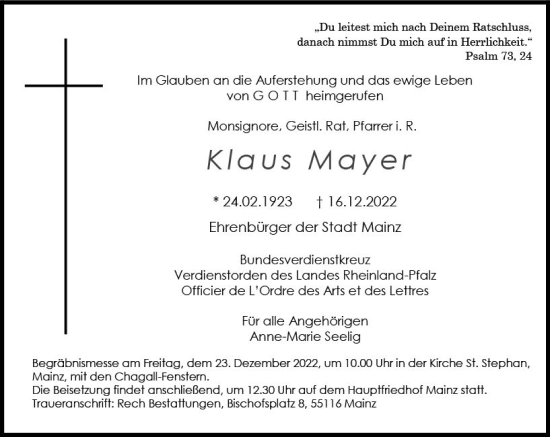 Traueranzeige von Klaus Mayer von vrm-trauer AZ Mainz