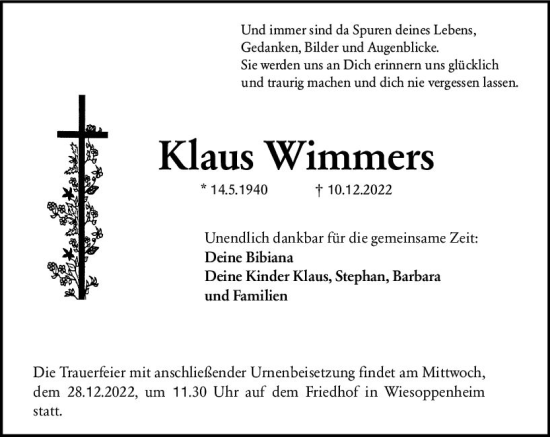 Traueranzeige von Klaus Wimmers von vrm-trauer Wormser Zeitung