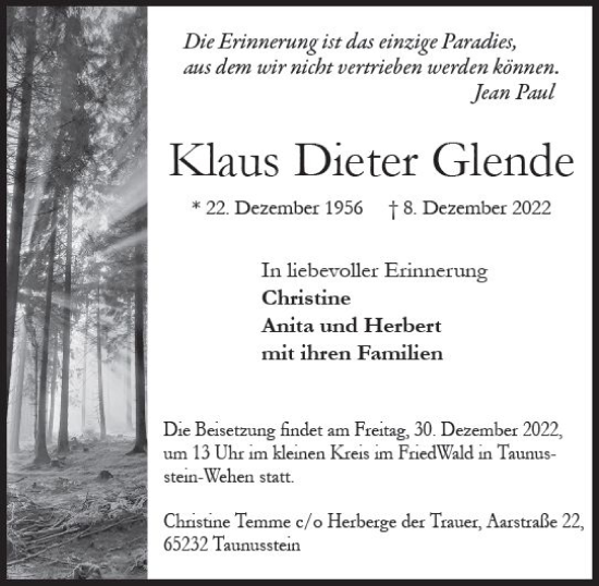 Traueranzeige von Klaus Dieter Glende von vrm-trauer WK-UTA