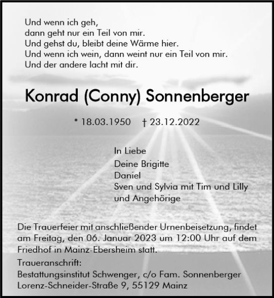 Traueranzeige von Konrad  Sonnenberger von vrm-trauer AZ Mainz
