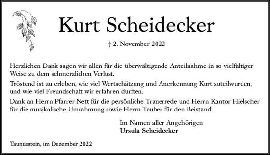 Traueranzeige von Kurt Scheidecker von vrm-trauer Wiesbadener Kurier