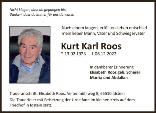 Traueranzeige von Kurt Karl Roos von vrm-trauer Idsteiner Zeitung