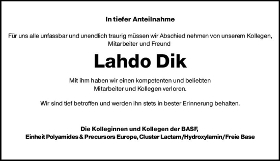 Traueranzeige von Lahdo Dik von vrm-trauer Wormser Zeitung