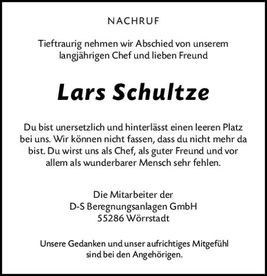 Traueranzeige von Lars Schultze von vrm-trauer AZ Mainz