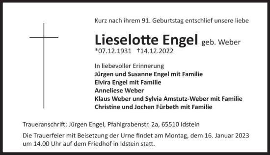 Traueranzeige von Lieselotte Engel von vrm-trauer Idsteiner Zeitung