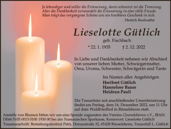 Traueranzeige von Lieselotte Gütlich von vrm-trauer Rüsselsheimer Echo / MainSpitze