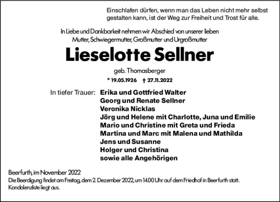 Traueranzeige von Lieselotte Sellner von vrm-trauer Odenwälder Echo