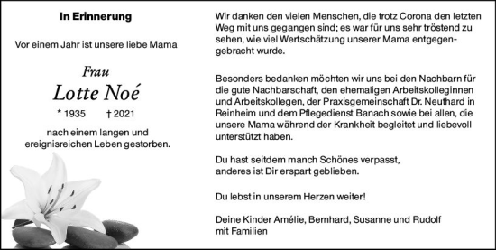 Traueranzeige von Lotte Noé von vrm-trauer Darmstädter Echo