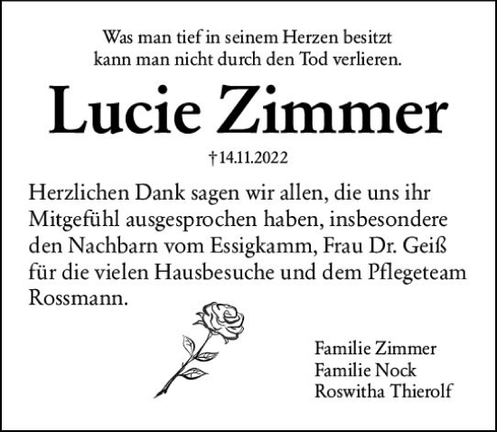 Traueranzeige von Lucie Zimmer von vrm-trauer Bürstädter/Lamperth. Ztg/Starkenburger