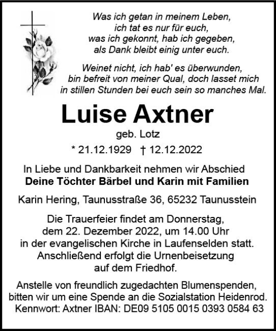 Traueranzeige von Luise Axtner von vrm-trauer Wiesbadener Kurier