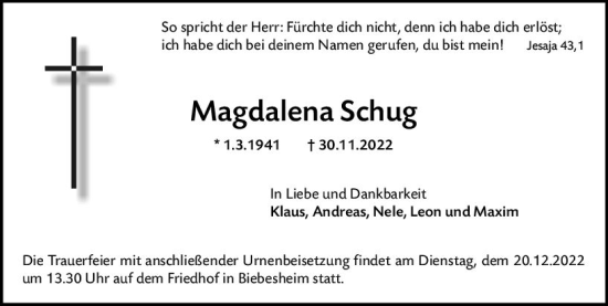 Traueranzeige von Magdalena Schug von vrm-trauer Groß-Gerauer Echo