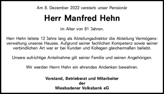 Traueranzeige von Manfred Hehn von vrm-trauer Wiesbadener Kurier