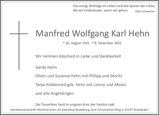 Traueranzeige von Manfred Wolfgang Karl Hehn von vrm-trauer Wiesbadener Kurier