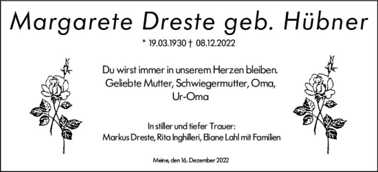 Traueranzeige von Margarete Dreste von vrm-trauer Wormser Zeitung