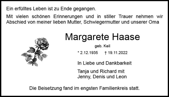 Traueranzeige von Margarete Haase von vrm-trauer DieburgerAnzeiger/Groß-Zimmerner Lokala