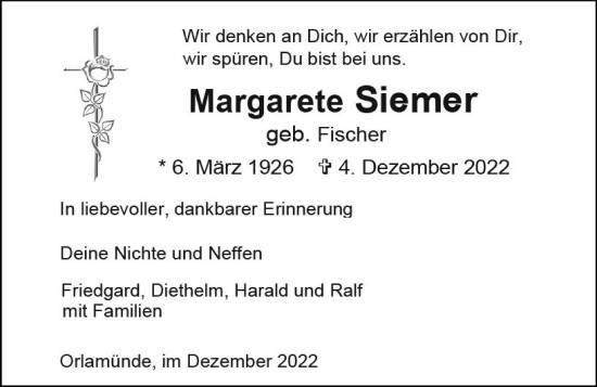 Traueranzeige von Margarete Siemer von vrm-trauer AZ Mainz