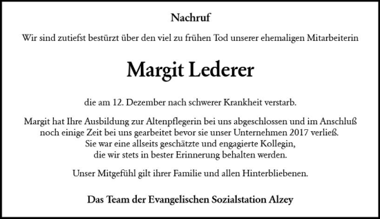 Traueranzeige von Margit Lederer von vrm-trauer Allgemeine Zeitung Alzey