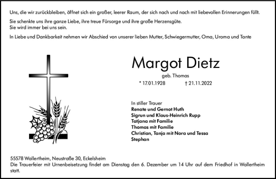 Traueranzeige von Margot Dietz von vrm-trauer Allgemeine Zeitung Alzey
