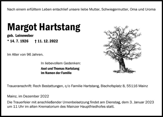 Traueranzeige von Margot Hartstang von vrm-trauer AZ Mainz