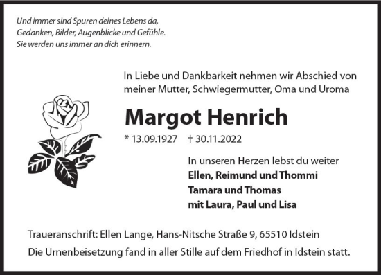 Traueranzeige von Margot Henrich von vrm-trauer Idsteiner Zeitung