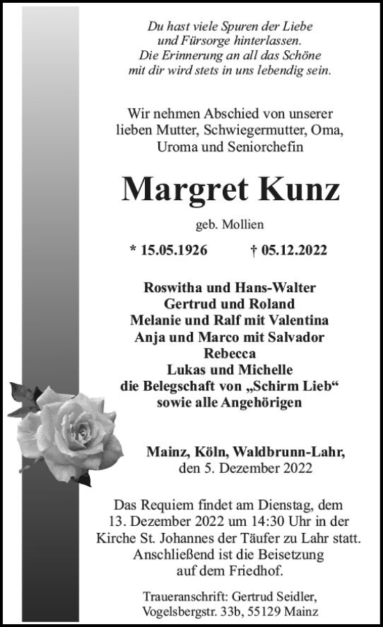 Traueranzeige von Margret Kunz von vrm-trauer AZ Mainz