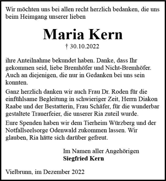 Traueranzeige von Maria Kern von vrm-trauer Odenwälder Echo