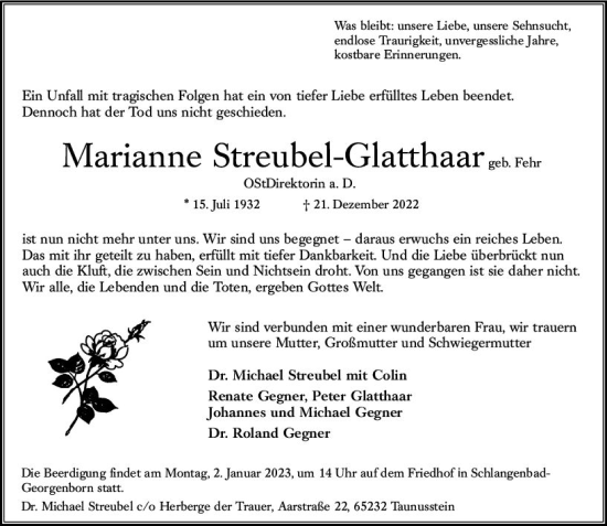 Traueranzeige von Marianne Streubel-Glatthaar von vrm-trauer Wiesbadener Kurier