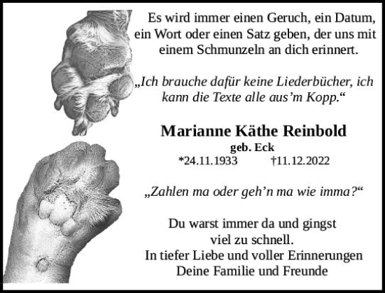 Traueranzeige von Marianne Käthe Reinbold von vrm-trauer Wiesbadener Kurier