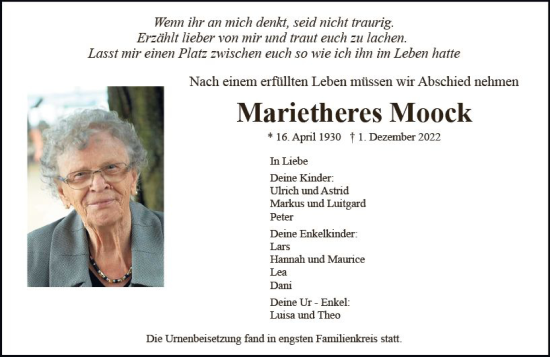 Traueranzeige von Marietheres Moock von vrm-trauer AZ Mainz