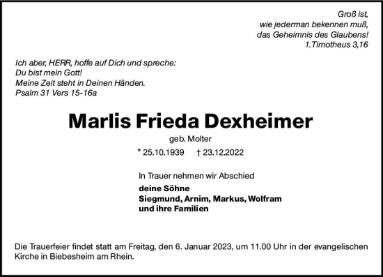 Traueranzeige von Marlis Frieda Dexheimer von vrm-trauer Groß-Gerauer Echo