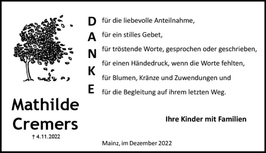 Traueranzeige von Mathilde Cremers von vrm-trauer AZ Mainz