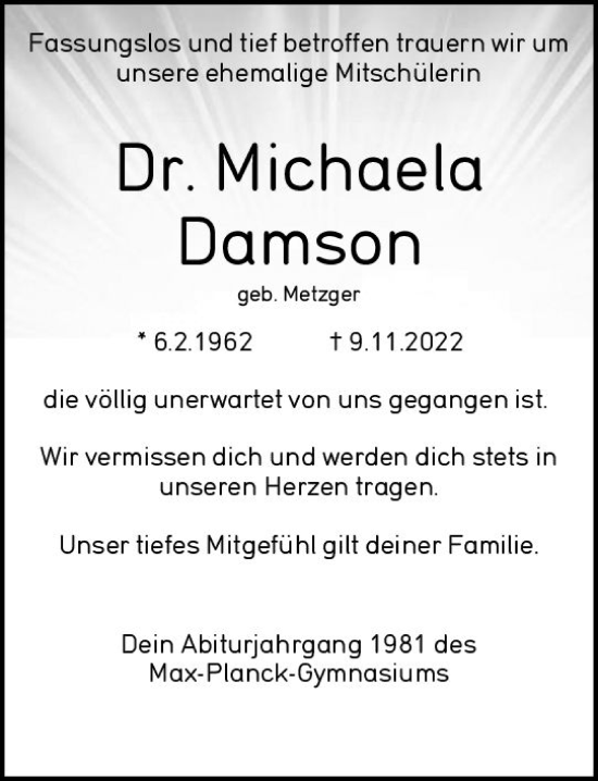 Traueranzeige von Michaela Damson von vrm-trauer Rüsselsheimer Echo / MainSpitze