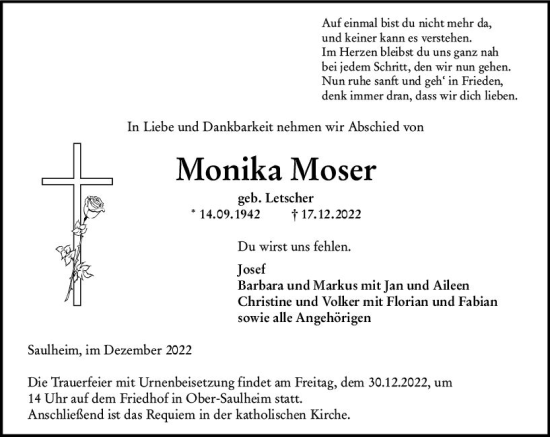 Traueranzeige von Monika Moser von vrm-trauer Allgemeine Zeitung Alzey