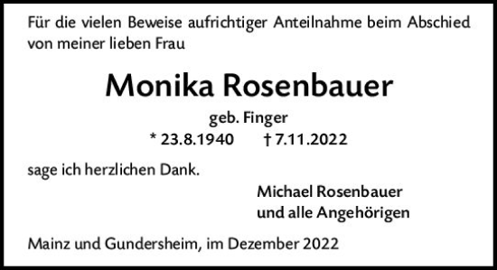 Traueranzeige von Monika Rosenbauer von vrm-trauer AZ Mainz