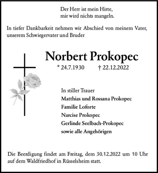 Traueranzeige von Norbert Prokopec von vrm-trauer Rüsselsheimer Echo / MainSpitze
