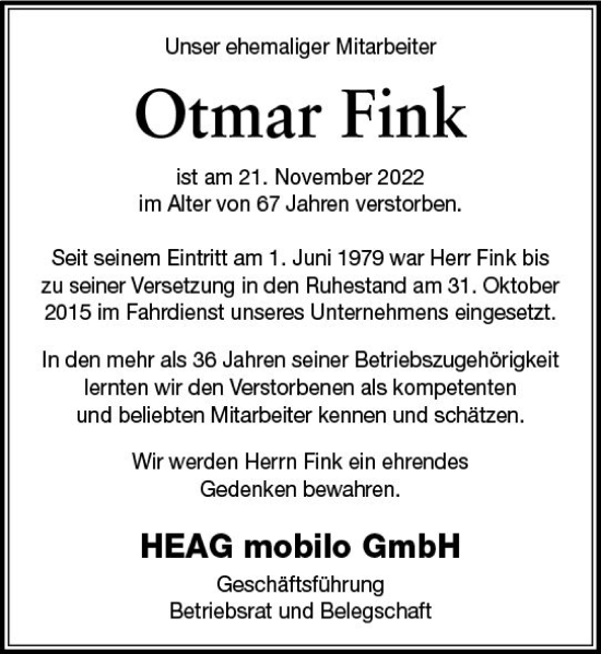 Traueranzeige von Otmar Fink von vrm-trauer Darmstädter Echo