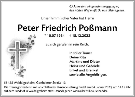 Traueranzeige von Peter Friedrich Poßmann von vrm-trauer Allgemeine  Zeitung Ingelheim-Bingen