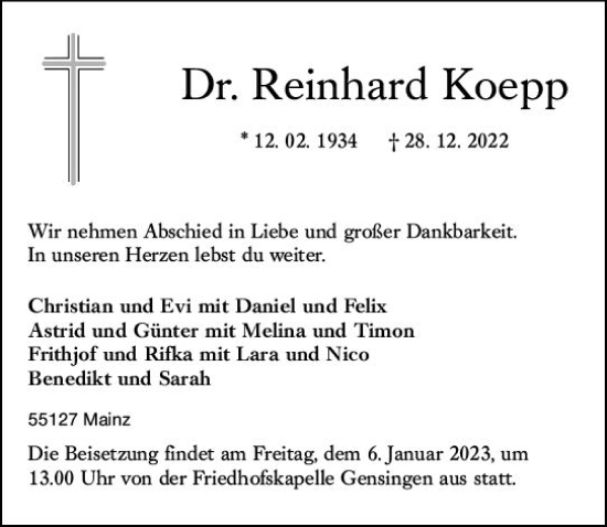 Traueranzeige von Reinhard Koepp von vrm-trauer AZ Mainz
