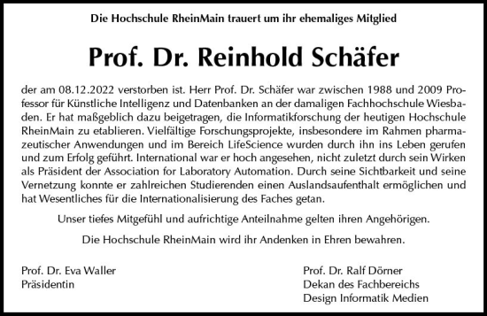 Traueranzeige von Reinhold Schäfer von vrm-trauer Wiesbadener Kurier