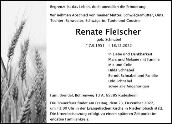 Traueranzeige von Renate Fleischer von vrm-trauer Idsteiner Zeitung