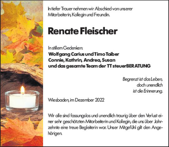 Traueranzeige von Renate Fleischer von vrm-trauer Wiesbadener Kurier