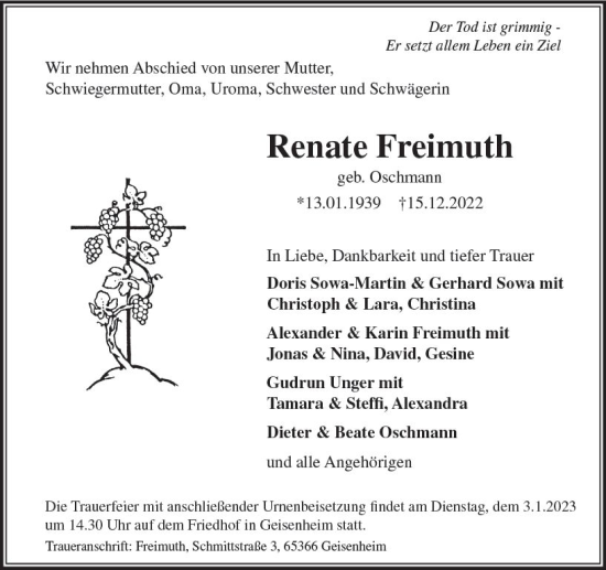 Traueranzeige von Renate Freimuth von vrm-trauer Rheingau
