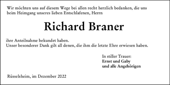 Traueranzeige von Richard Braner von vrm-trauer Rüsselsheimer Echo / MainSpitze